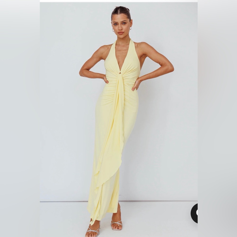 Selfie Leslie Ray Of Light Ruched Halterneck Maxi Dress Lemon
